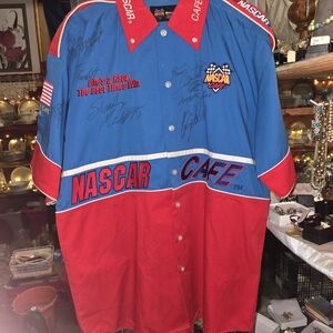 Chase Authentics Blue and Red NASCAR Cafe Shirt Autographed By 10 NASCAR Drivers